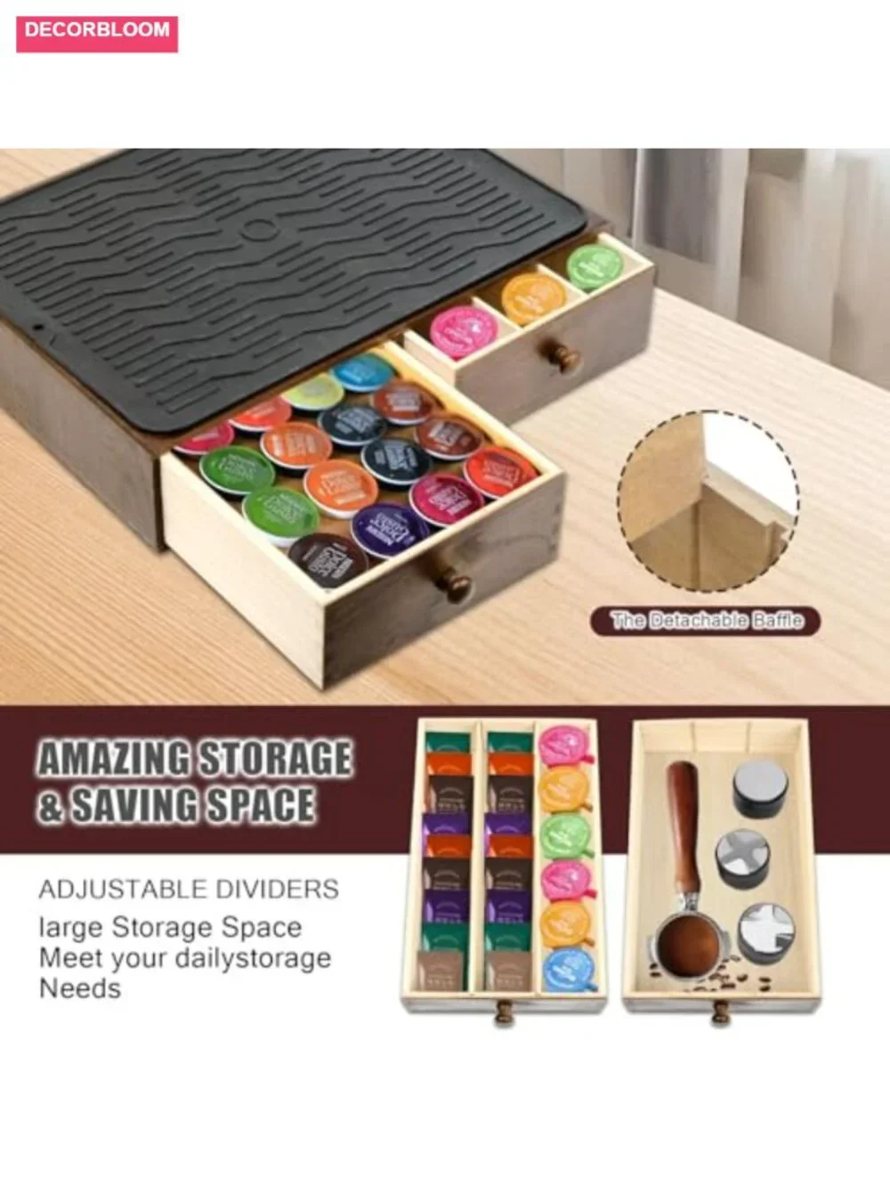 Wood Coffee Pod Holder Organizer Countertop Storage for 30 Pods with Non-Slip
